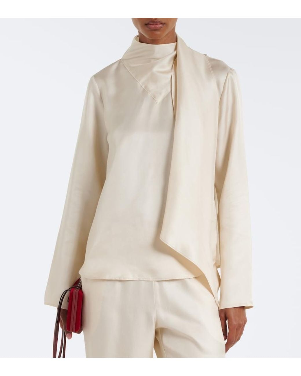 Loulou de Saison White Gala Draped Scarf-Detail Silk Twill Top