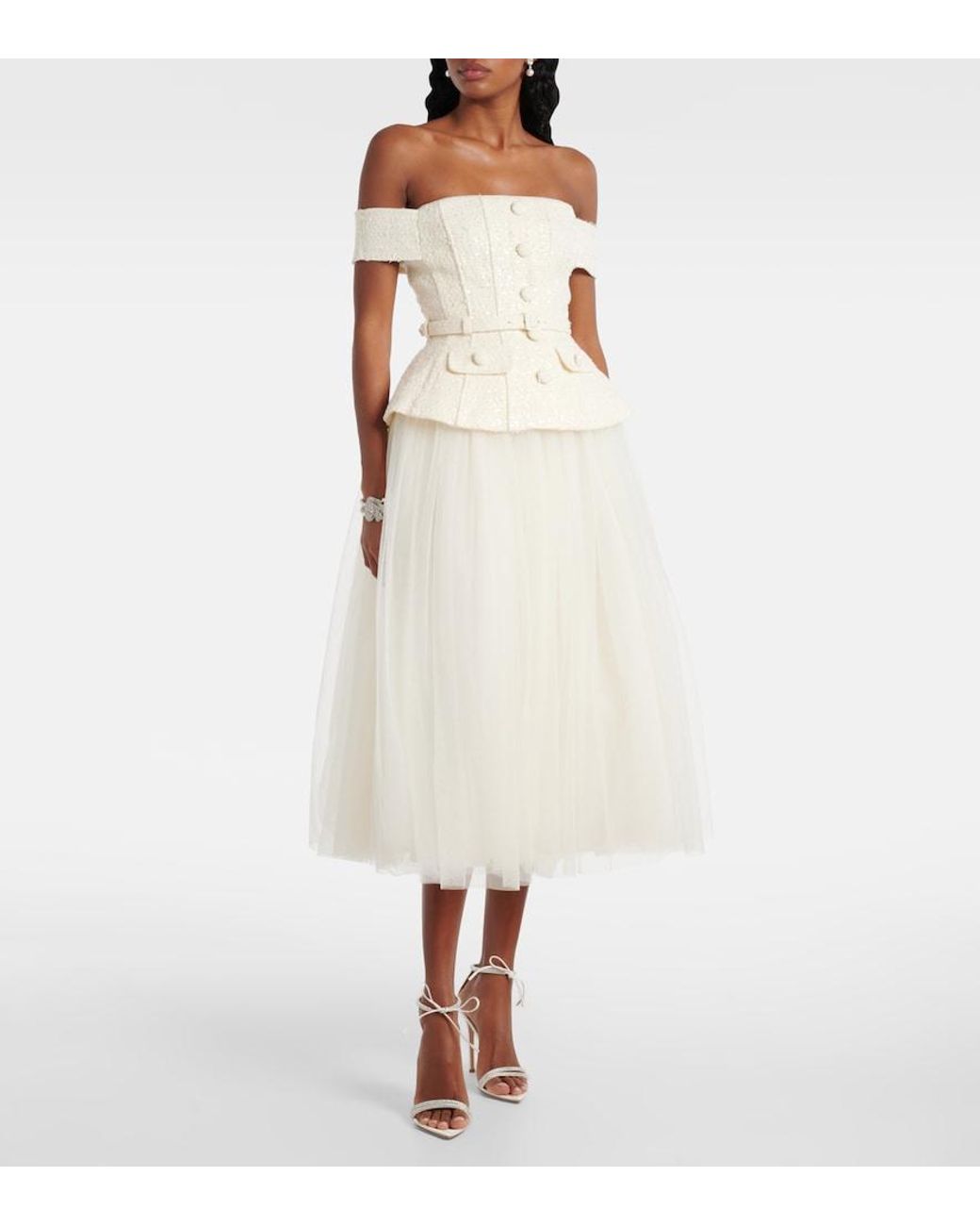 Self-Portrait Natural Bridal Sequined Bow-Detail Peplum Midi Dress