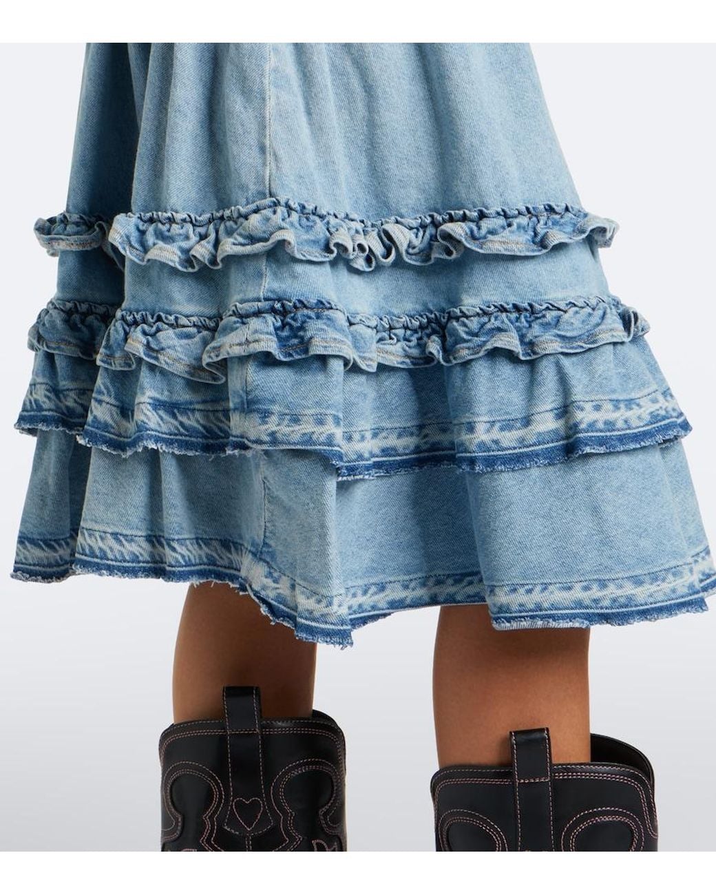 Ganni Blue Ruffled Denim Midi Skirt