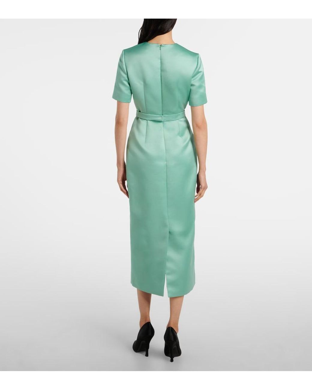 Erdem Green Floral Belted Duchesse Satin Midi Dress