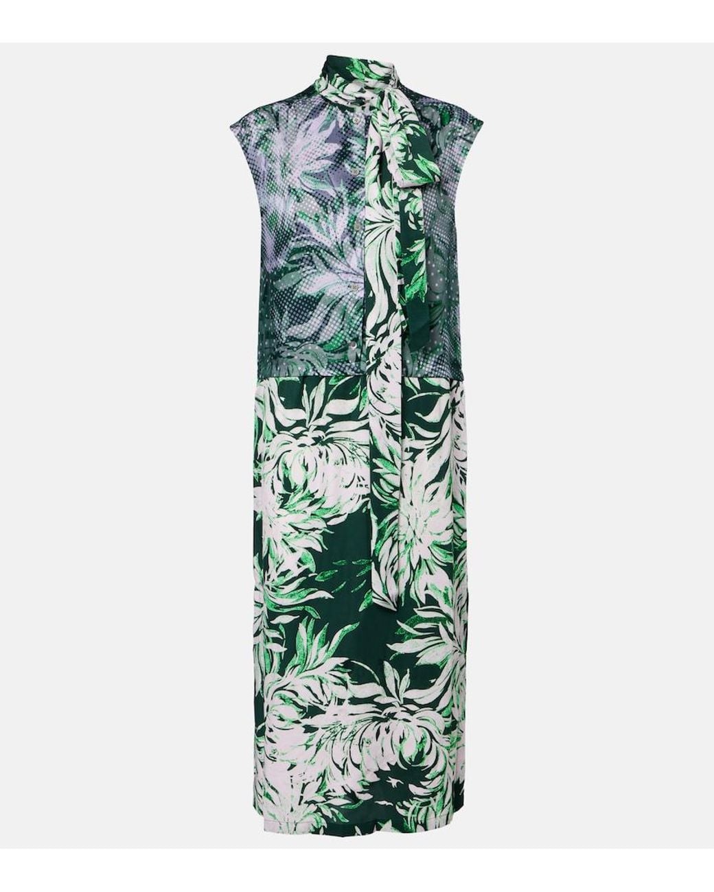 Dries Van Noten Green Printed Tie-Neck Midi Dress