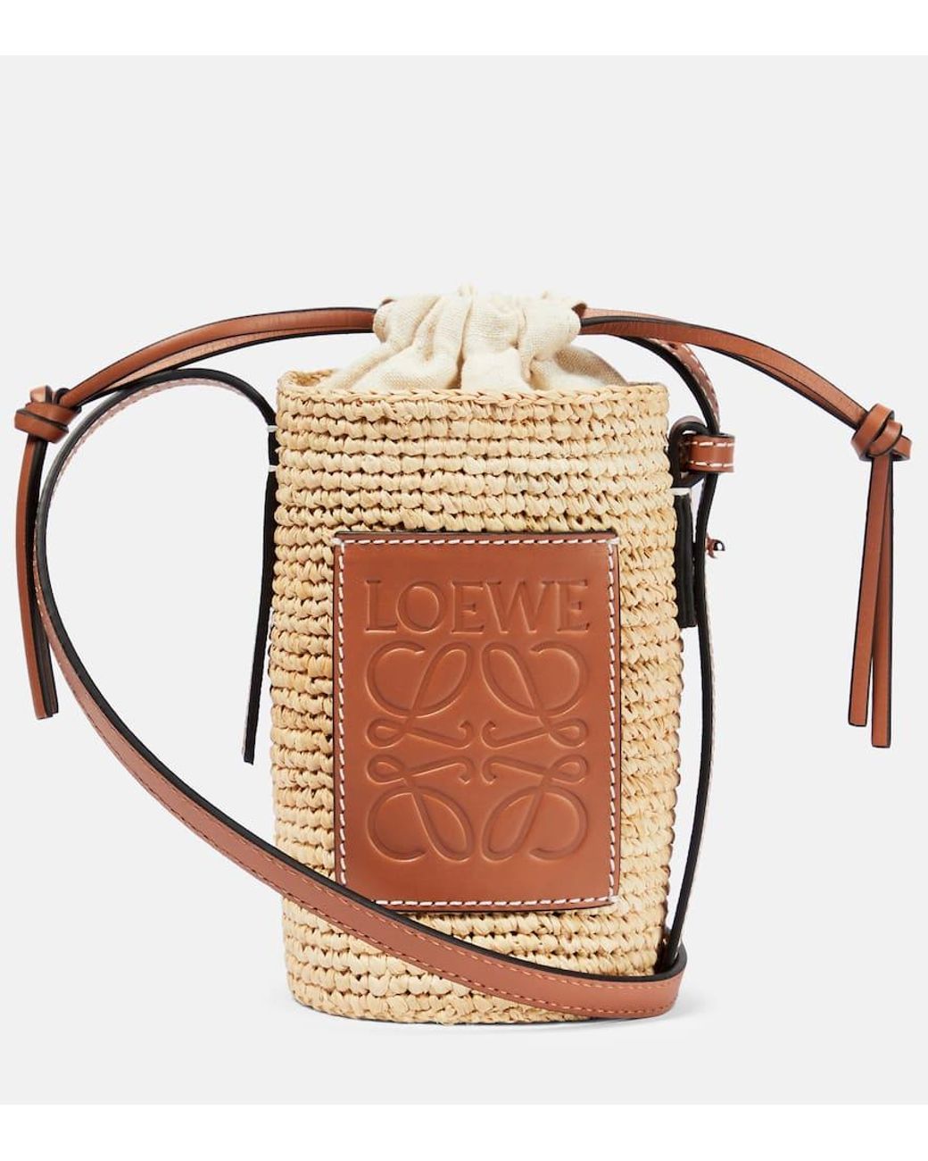 Loewe Cylinder Pocket Leather-trimmed Raffia Pouch in Natural | Lyst