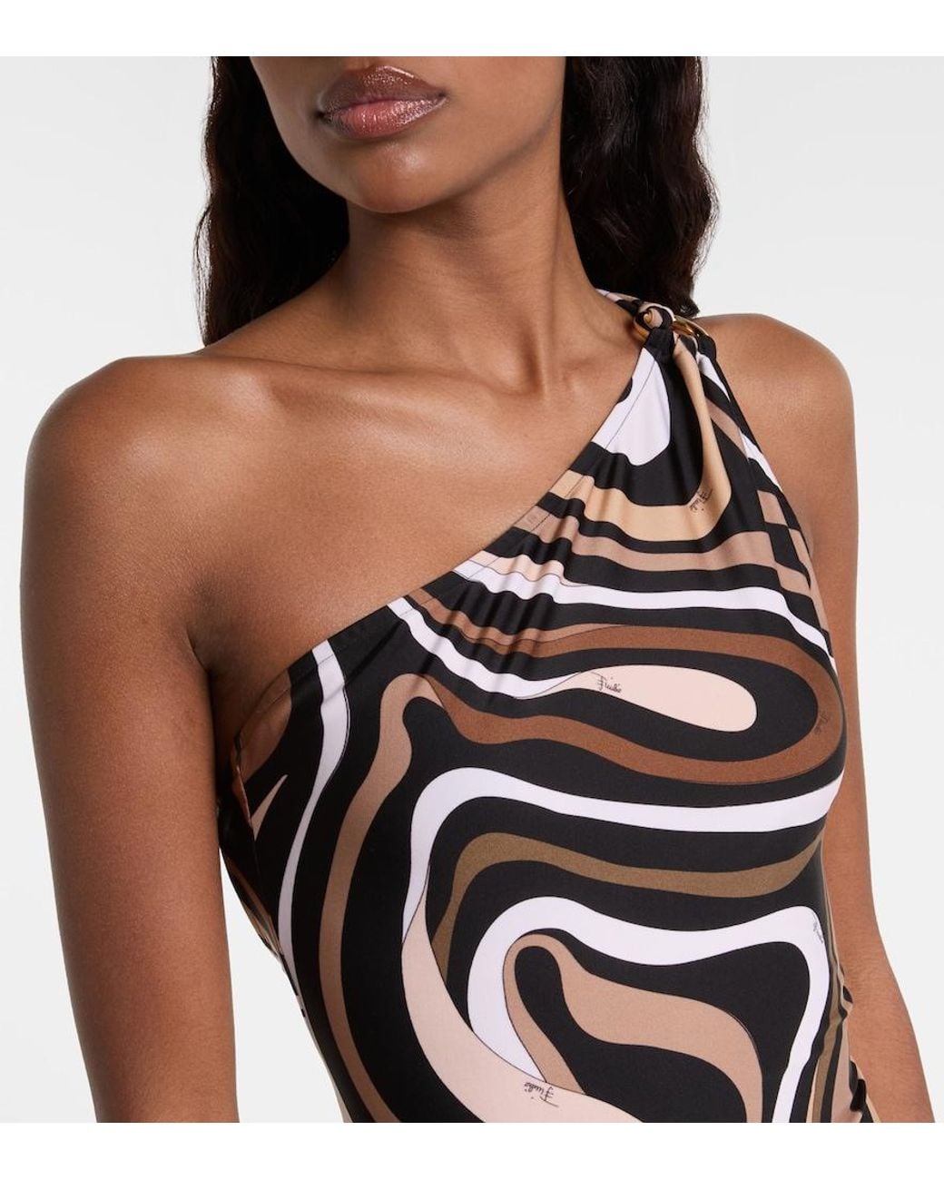 Emilio Pucci Brown Marmo One-Shoulder Swimsuit
