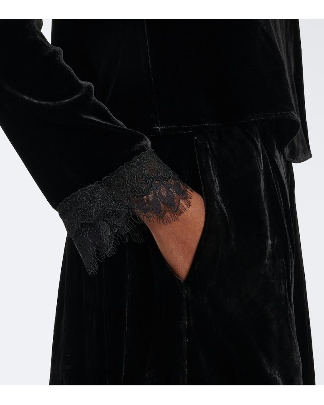 Ganni Black Lace-Trimmed Velvet Top