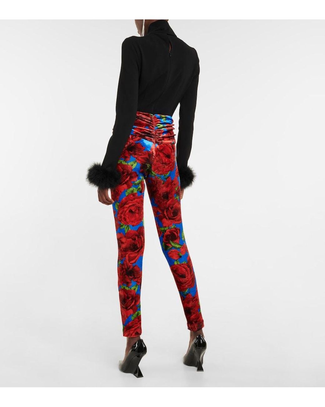 Magda Butrym Red Floral Velvet Leggings