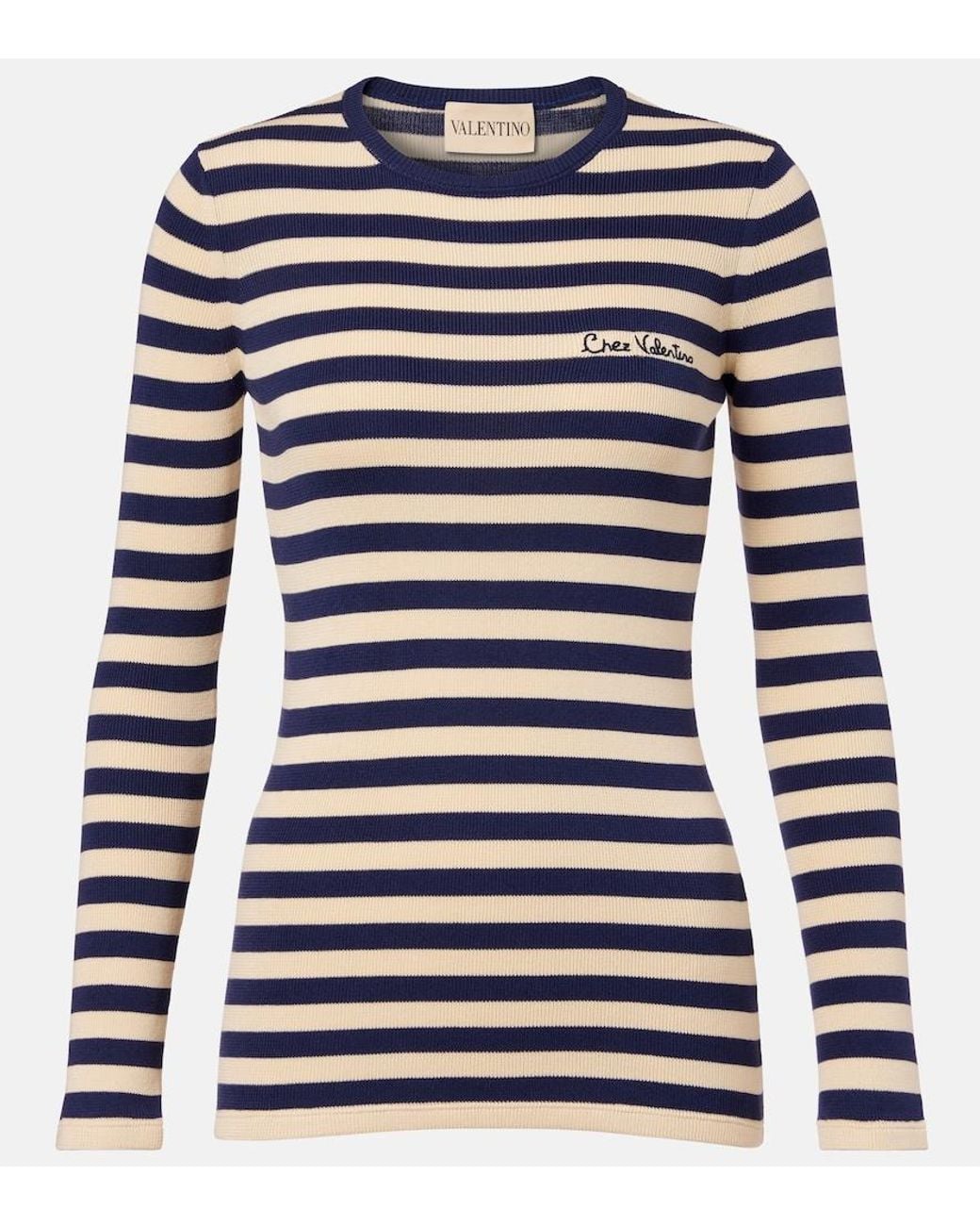 Valentino Garavani Blue Striped Ribbed-Knit Cotton Sweater