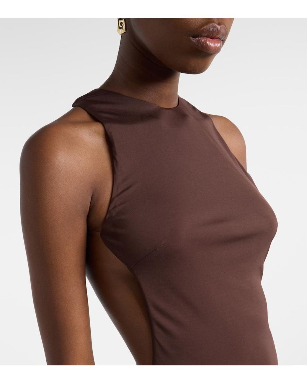 De La Vali Brown Maha Beaded Open-Back Jersey Gown
