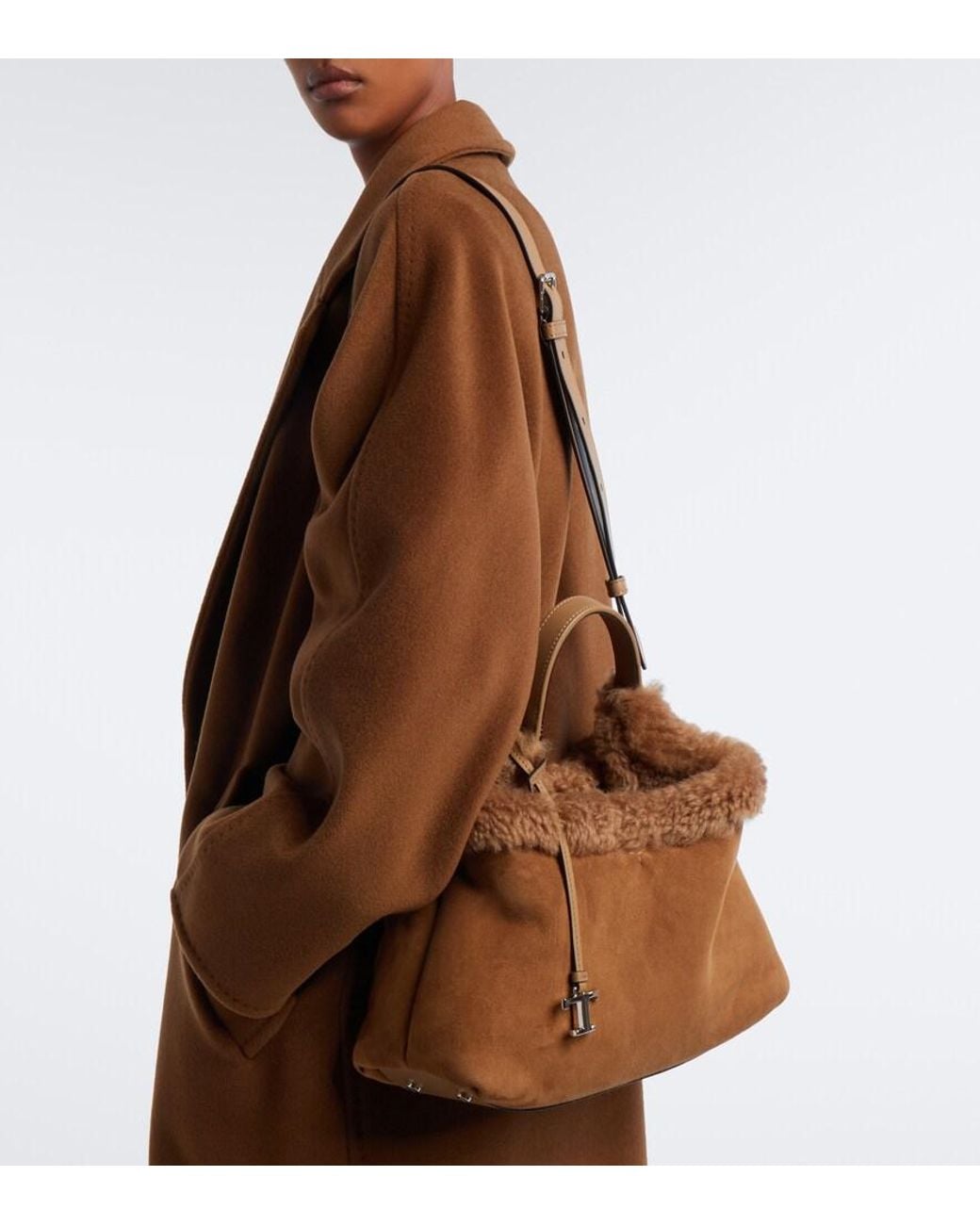 Tod's Brown T Timeless Shearling-Lined Suede Tote Bag