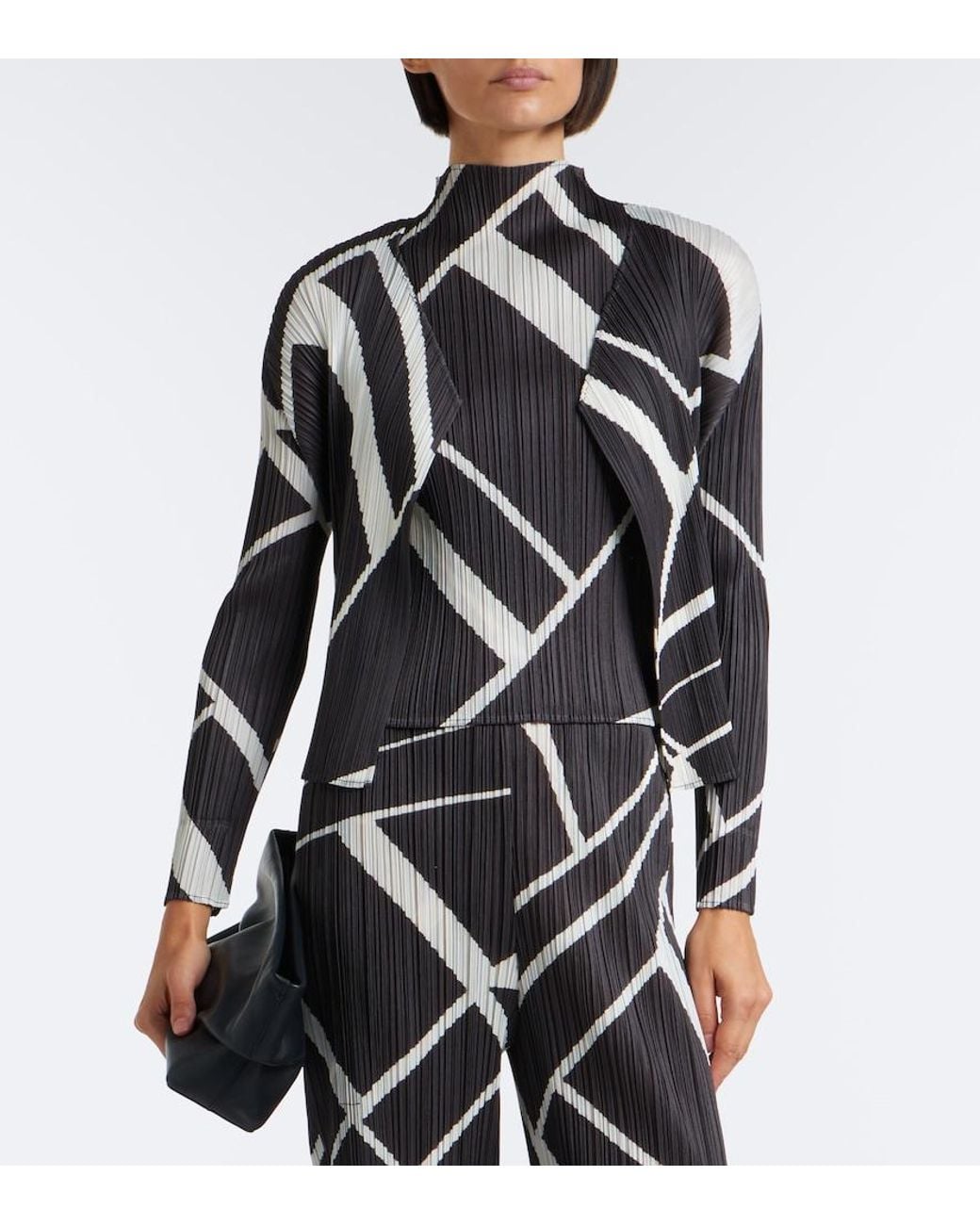 Pleats Please Issey Miyake Black Fold Line Pleated Printed Cardigan