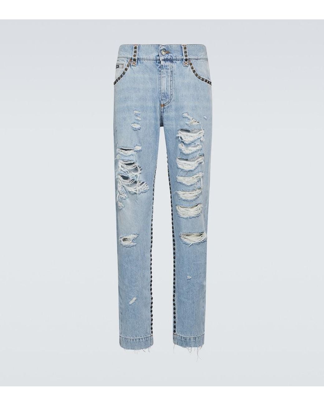 Dolce & Gabbana Blue Distressed Mid-Rise Straight Jeans for men