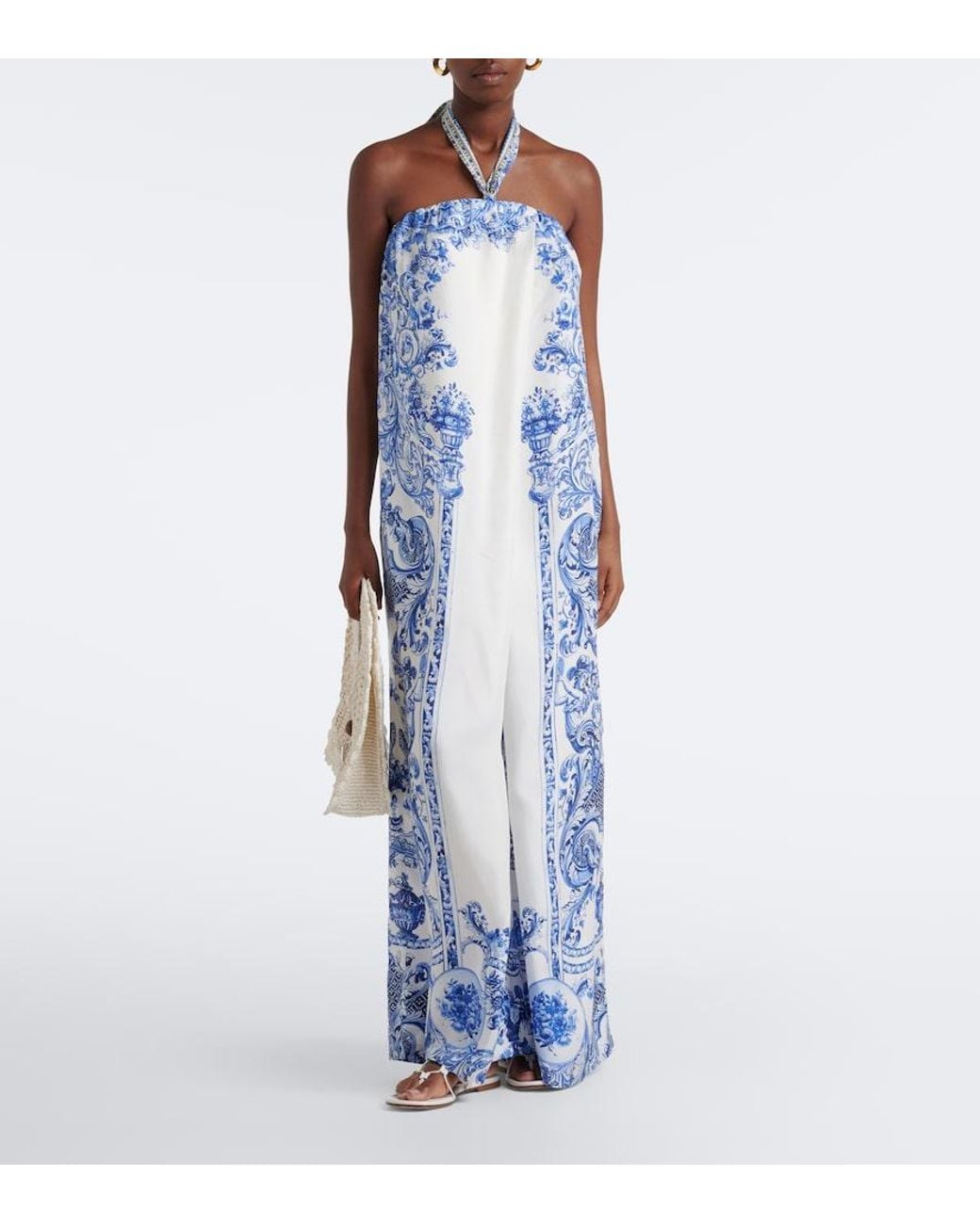 Camilla Blue Floral Crystal-Embellished Silk Jumpsuit