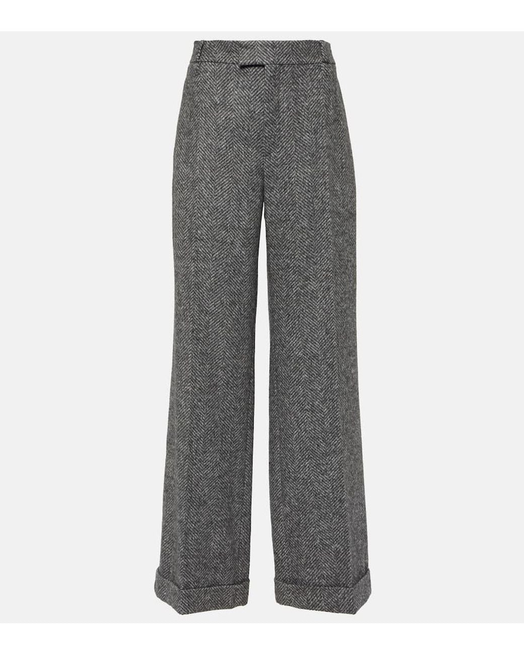 Brunello Cucinelli Gray Herringbone Wool-Blend Flared Pants