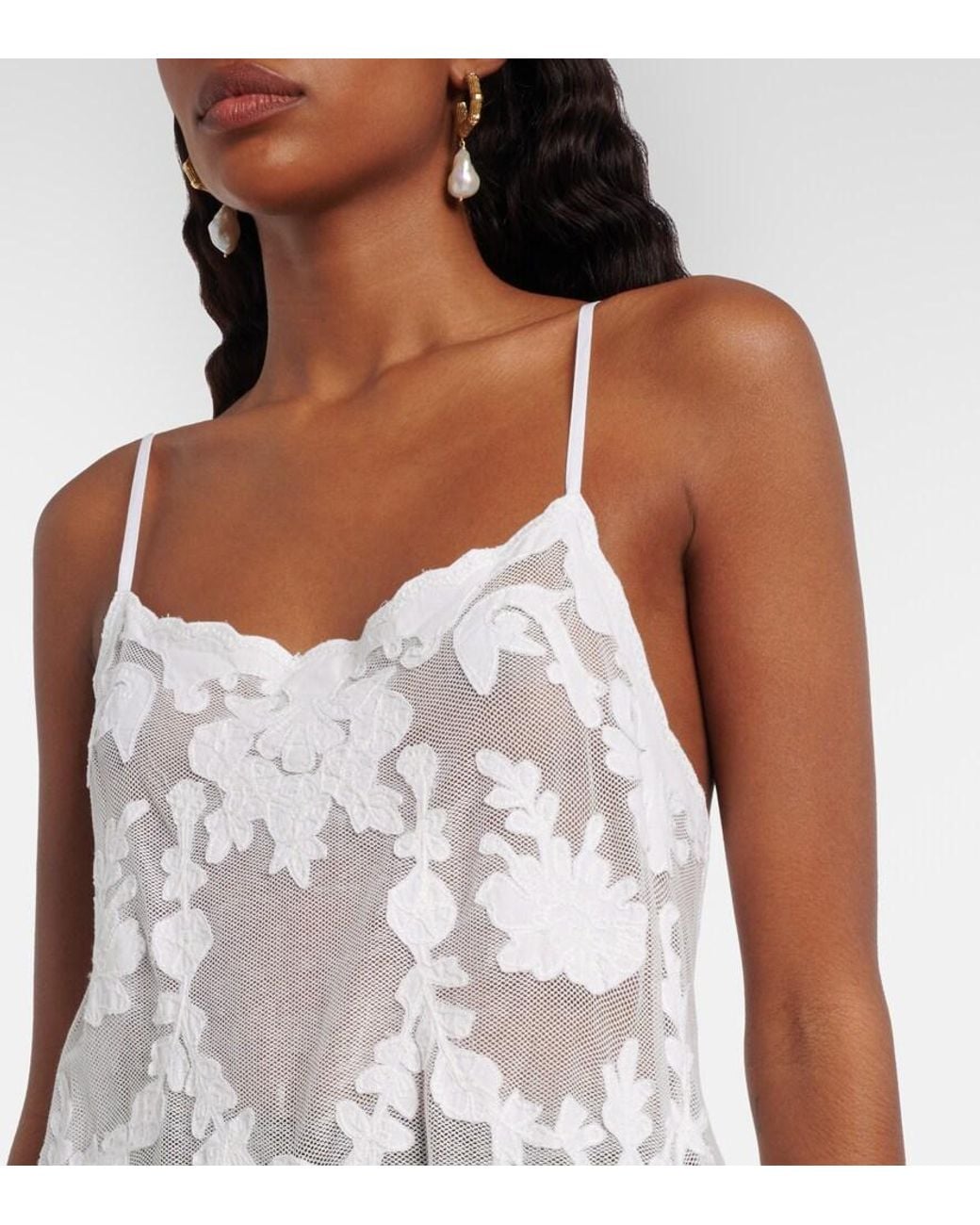 Juliet Dunn White Embroidered Semi-Sheer Cotton Maxi Dress