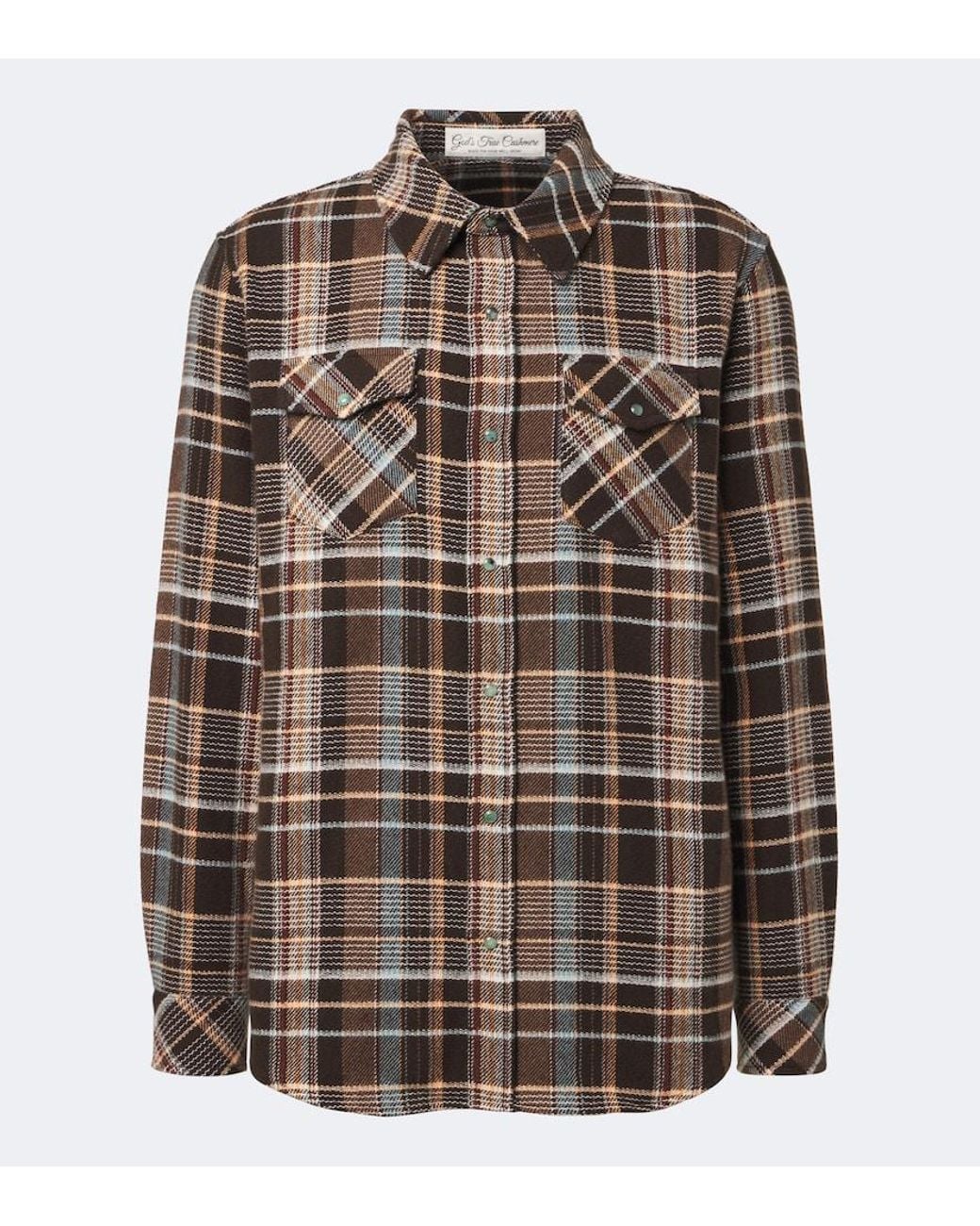 God's True Cashmere Brown Wilderness Plaid Cashmere Shirt With Emeralds for men