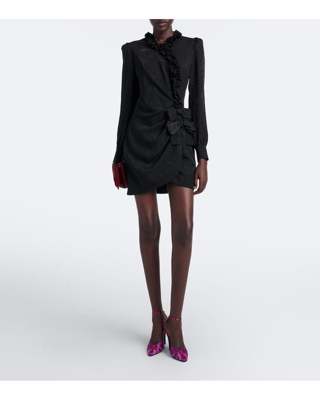 Alessandra Rich Black Bow-Detail Ruffled Silk Moire Minidress