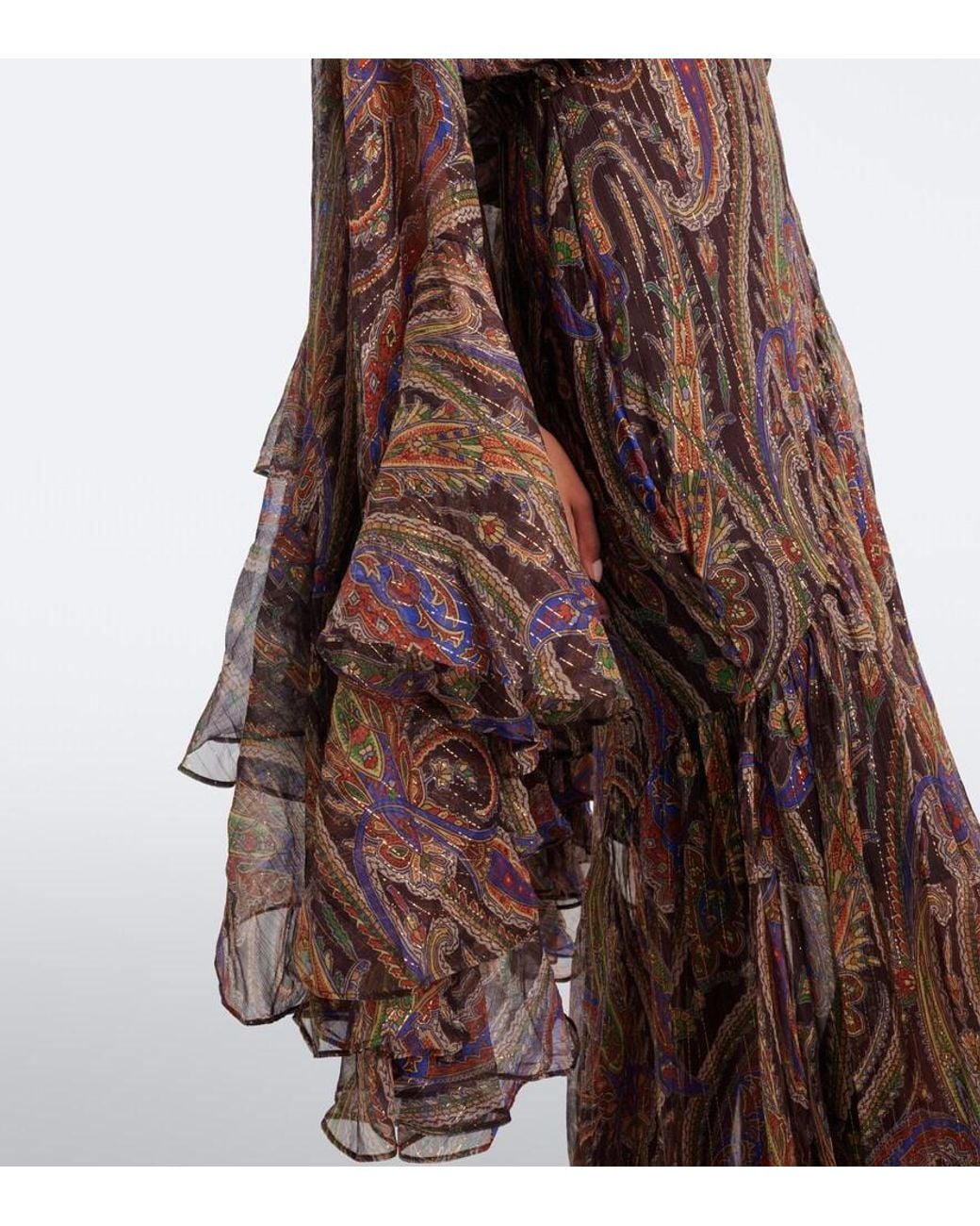 Etro Brown Paisley Ruffled Silk-Blend Crepon Maxi Dress