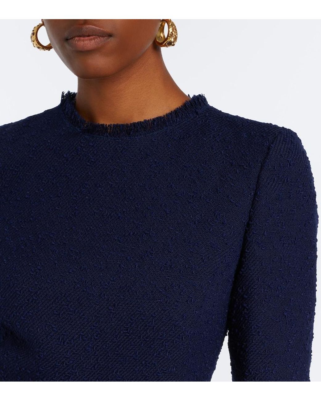 Oscar de la Renta Blue Embellished Tweed Midi Dress