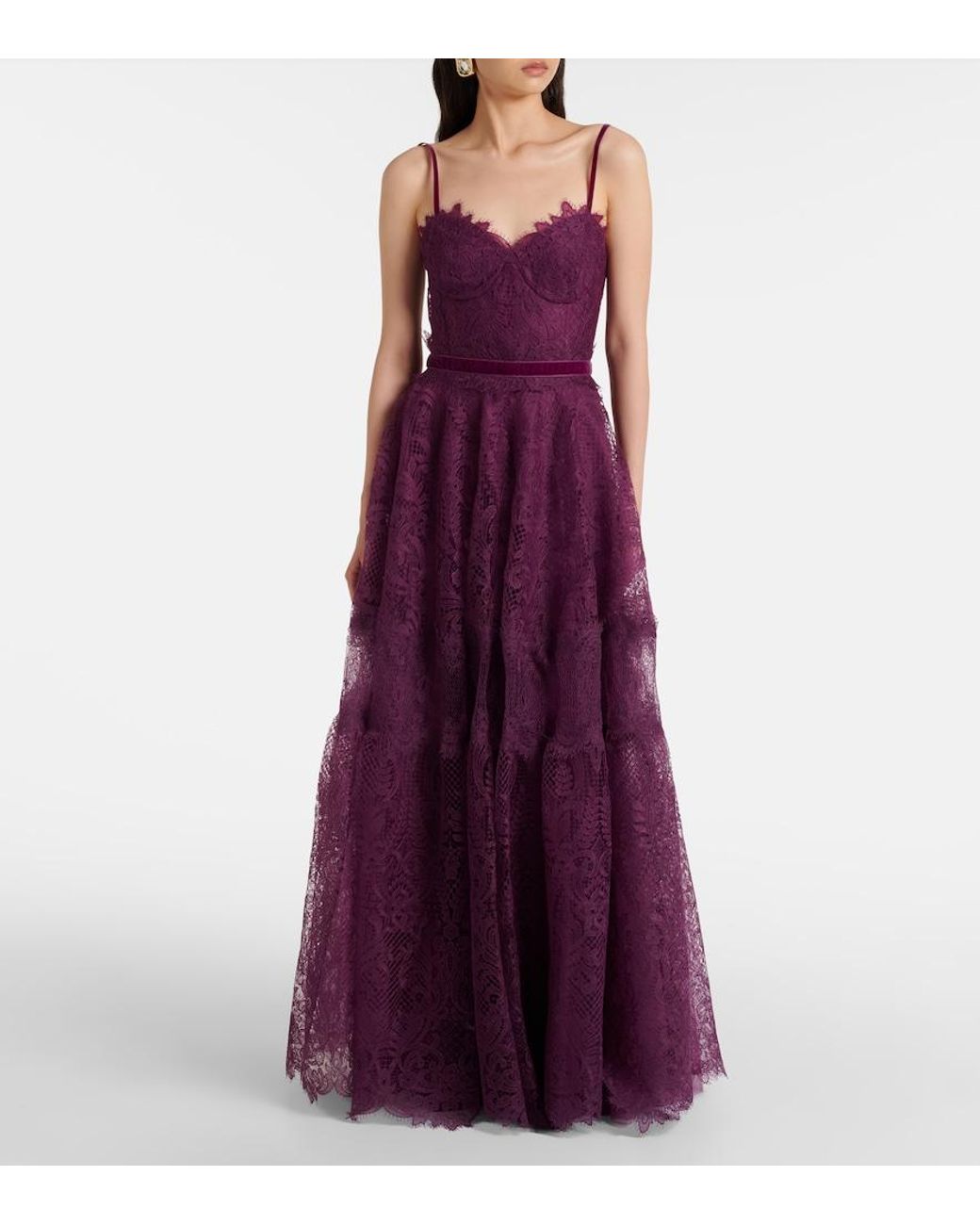 Costarellos Purple Belted Lace Gown
