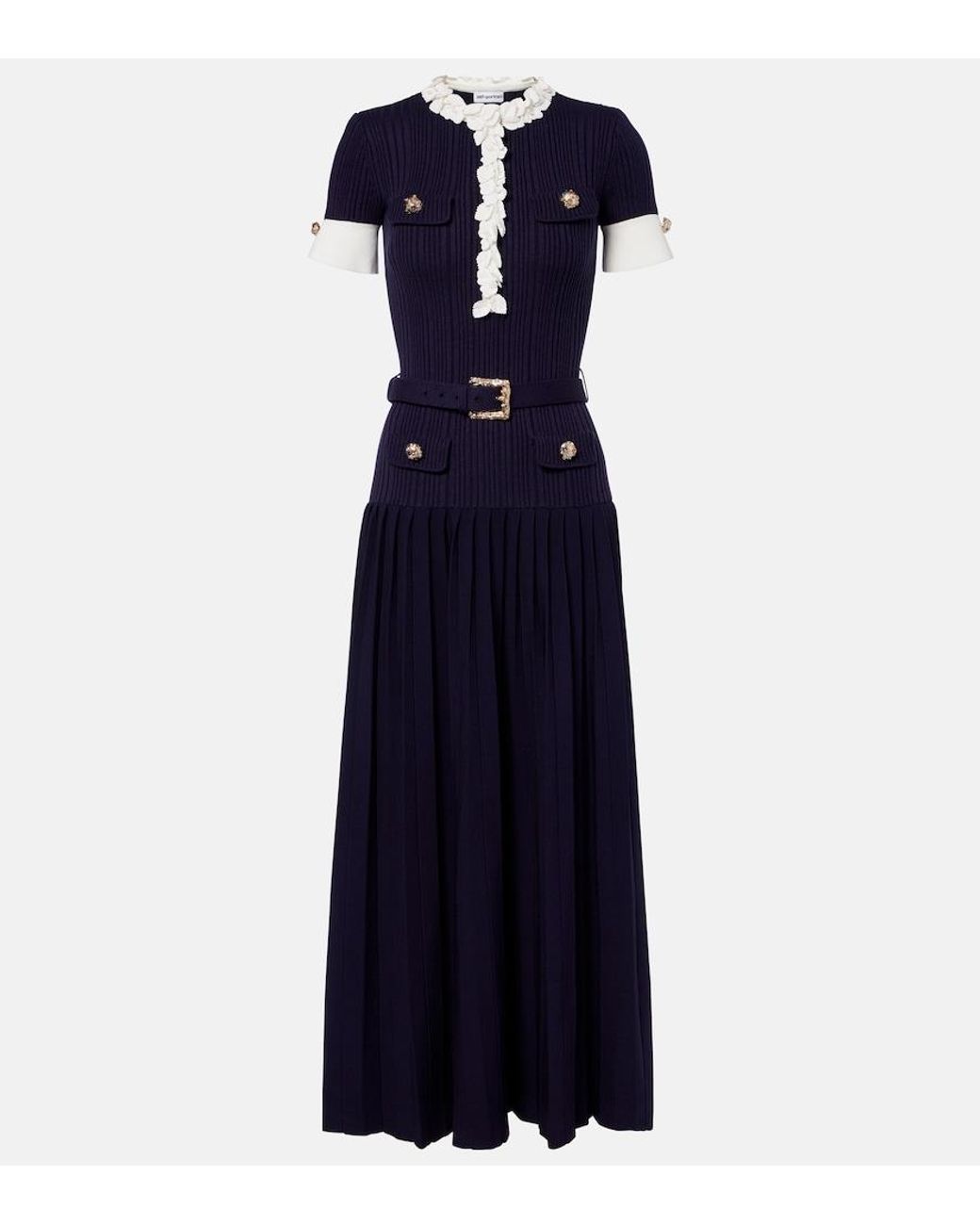 Self-Portrait Blue Belted Ribbed-Knit Midi Dress