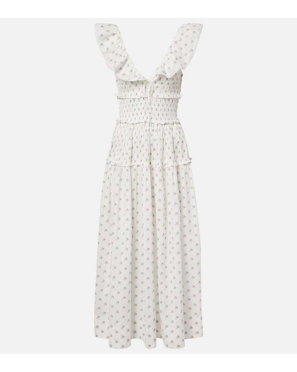 Doen White Sorina Floral Cotton Midi Dress
