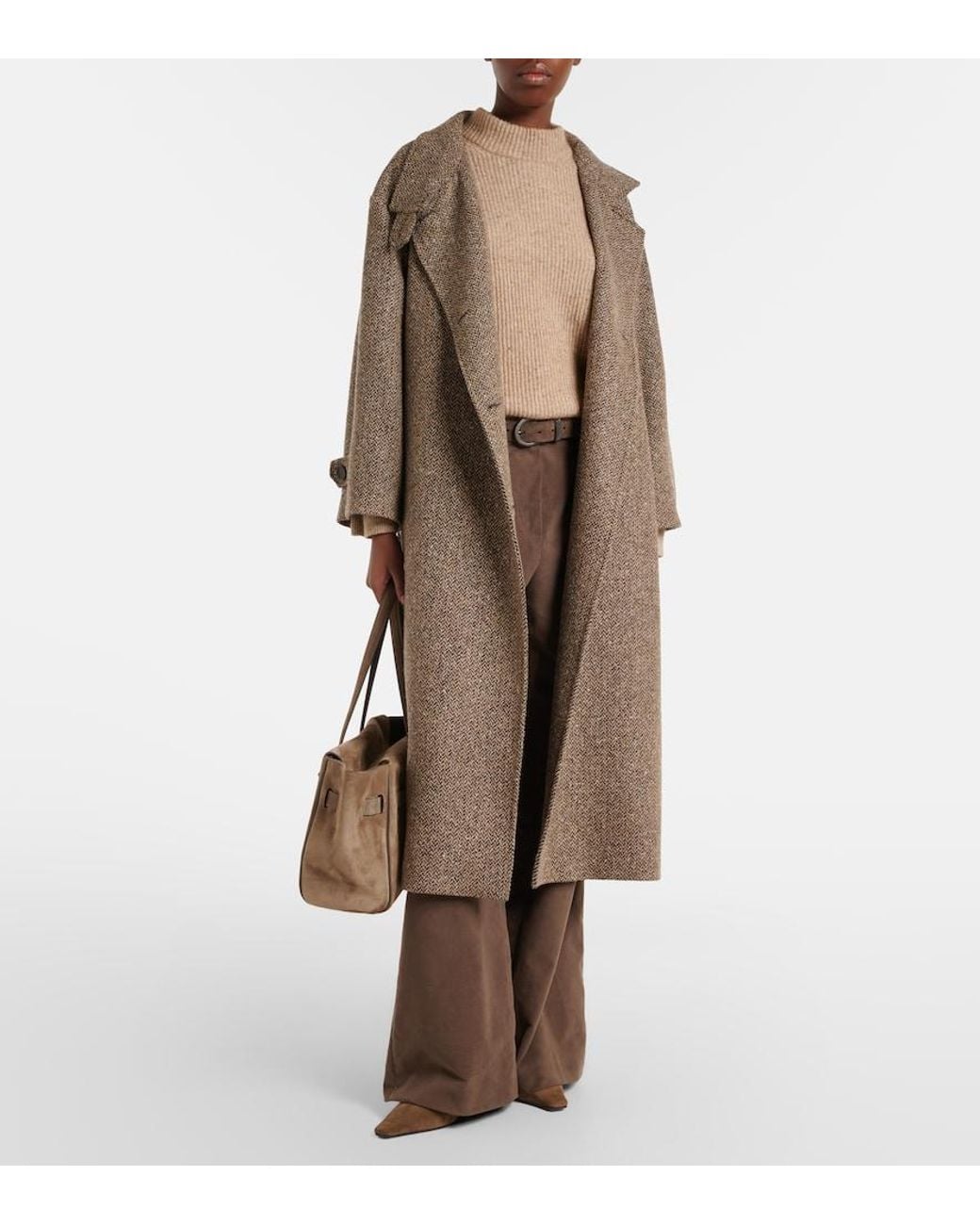 Brunello Cucinelli Brown Belted Herringbone Wool-Blend Coat