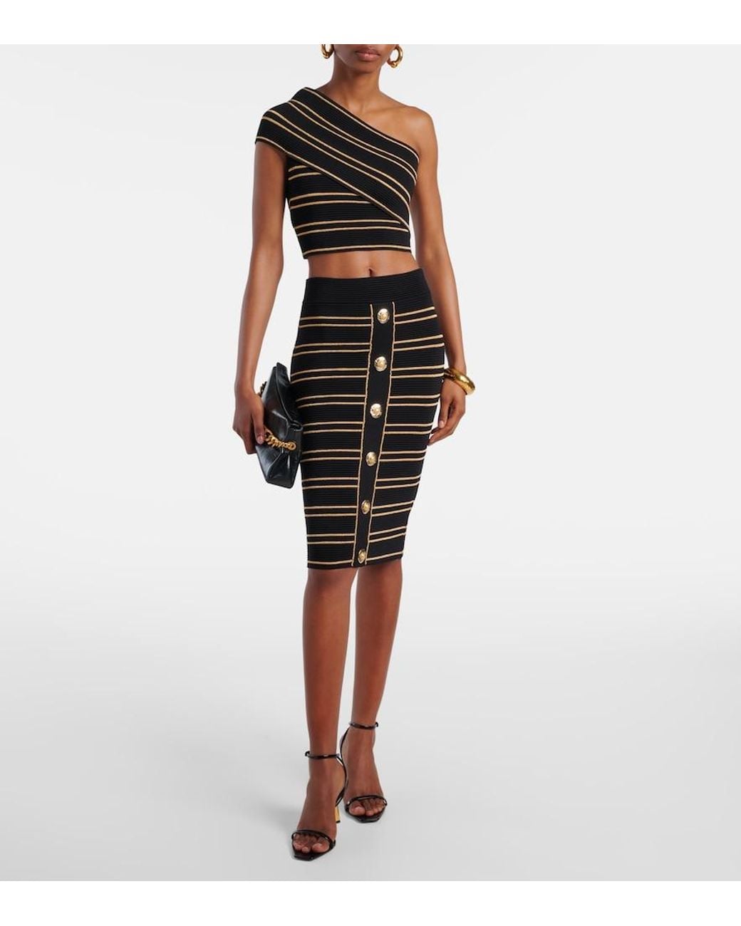 Balmain Black Stripe Midi Pencil Skirt