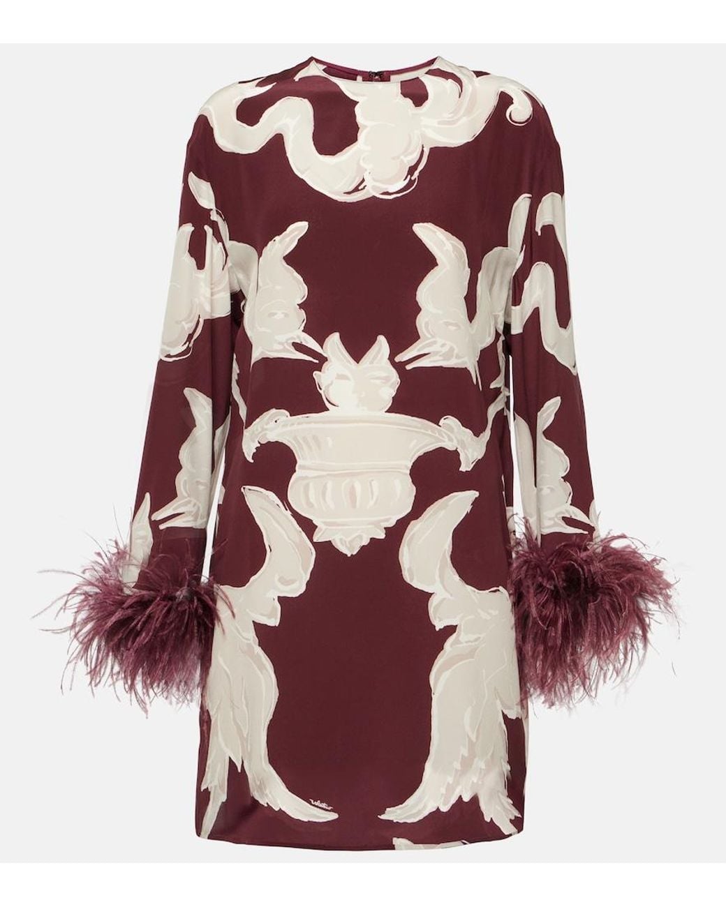 Valentino Garavani Red Printed Feather-Trimmed Silk Minidress