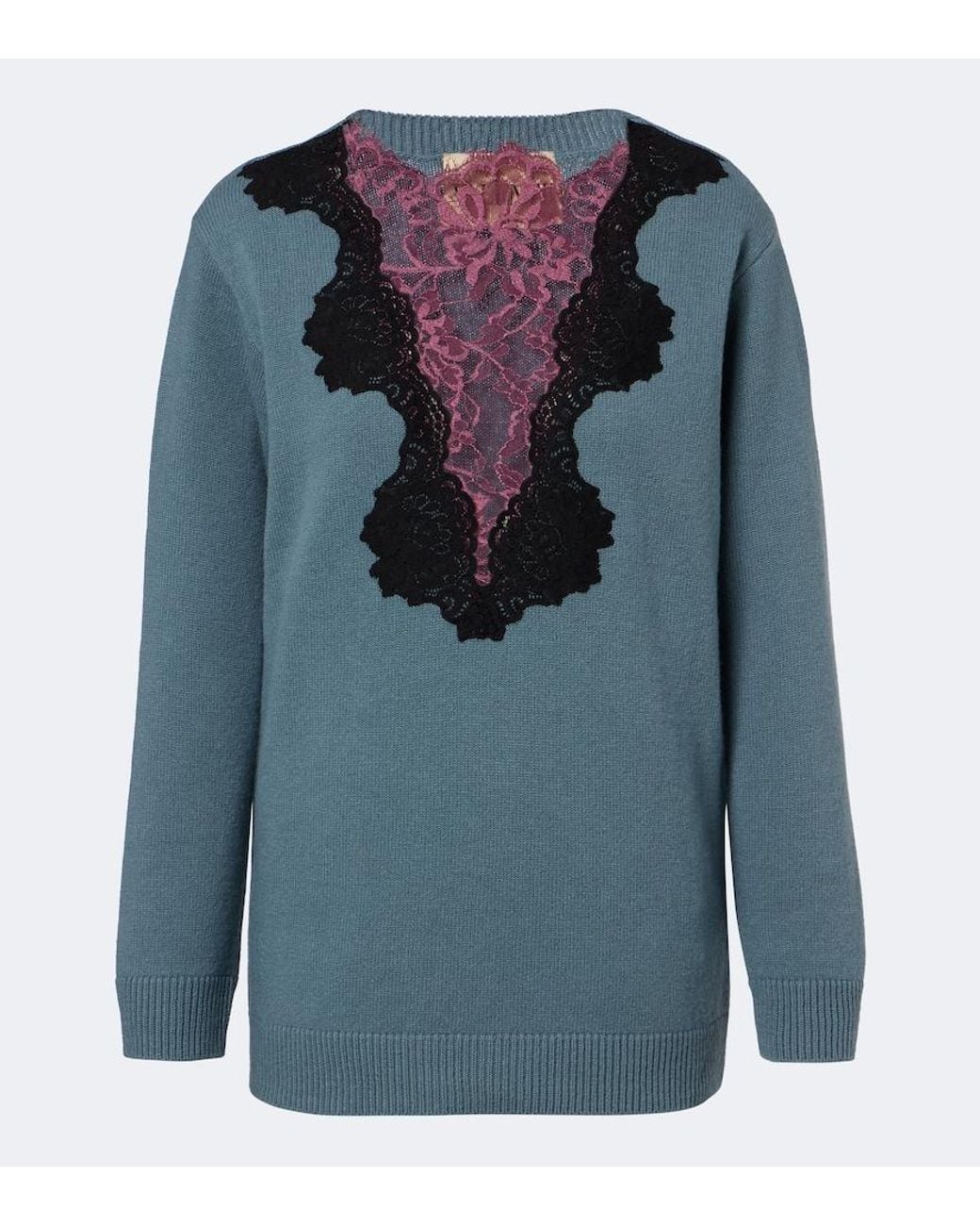 Valentino Blue Lace-Trimmed Virgin Wool Sweater