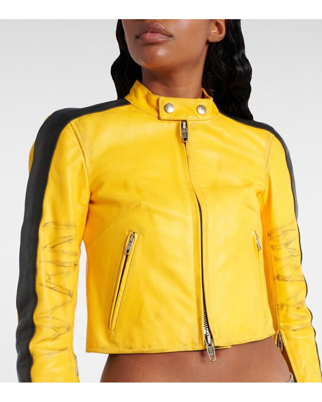Balenciaga Yellow Cropped Distressed Leather Jacket