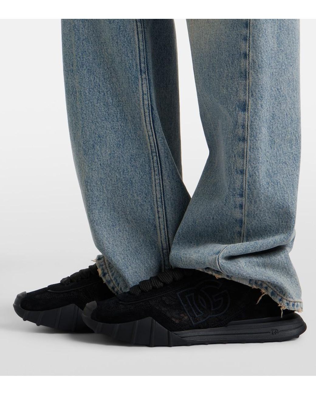 Dolce & Gabbana Black Runner Leather-Trimmed Lace Sneakers
