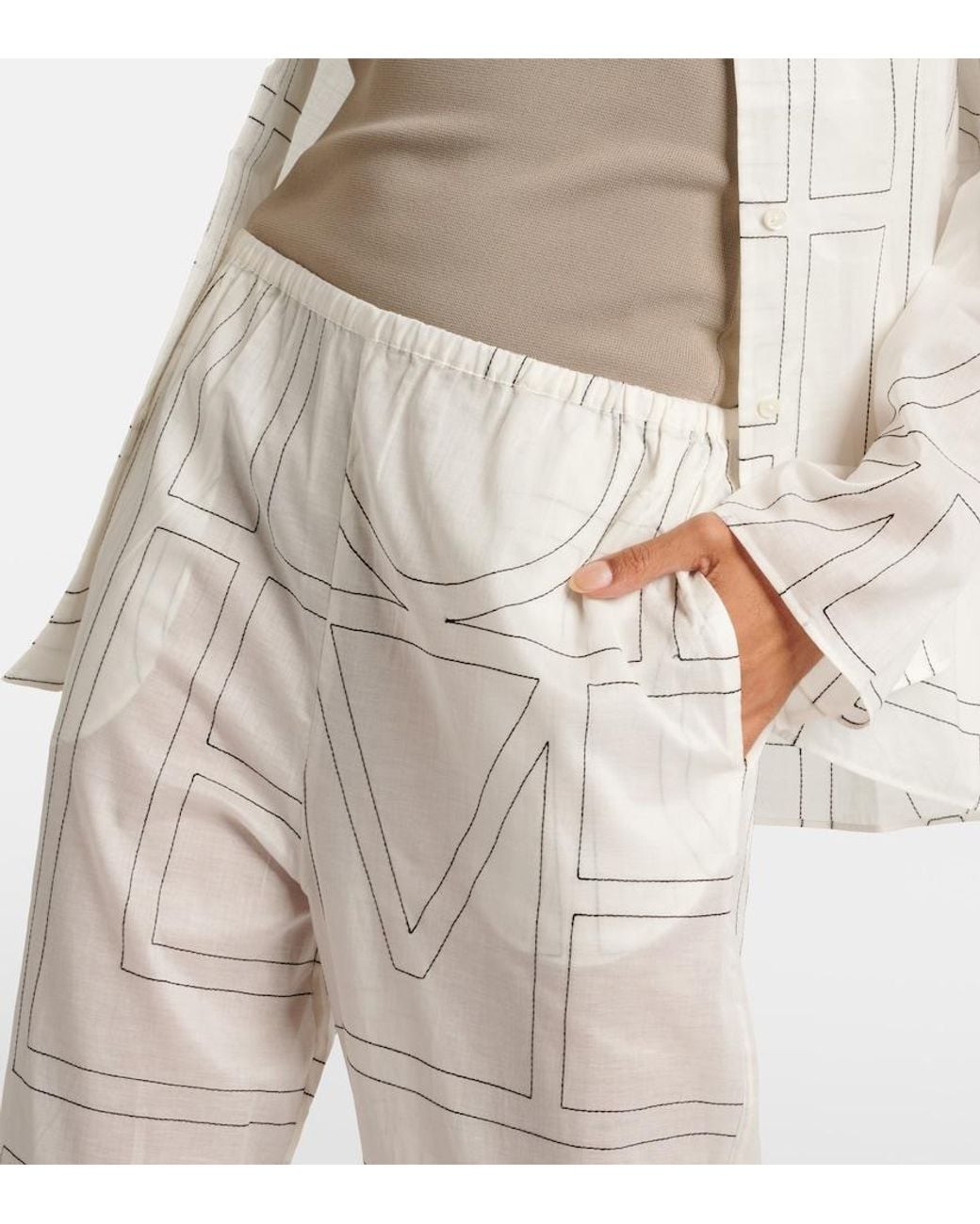 Totême  White Monogram Cotton-Blend Wide-Leg Pants