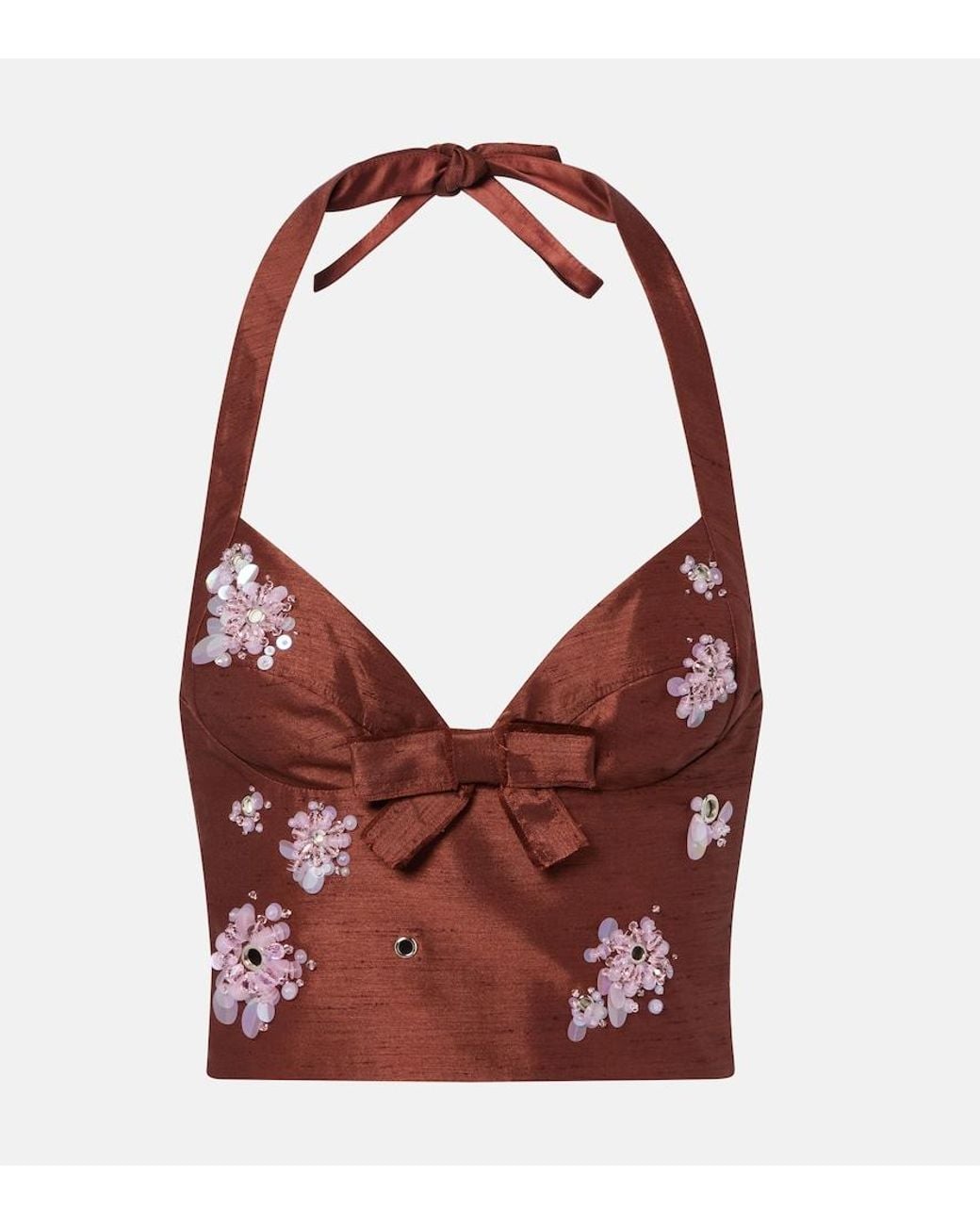 ShuShu/Tong Red Embellished Halterneck Crop Top