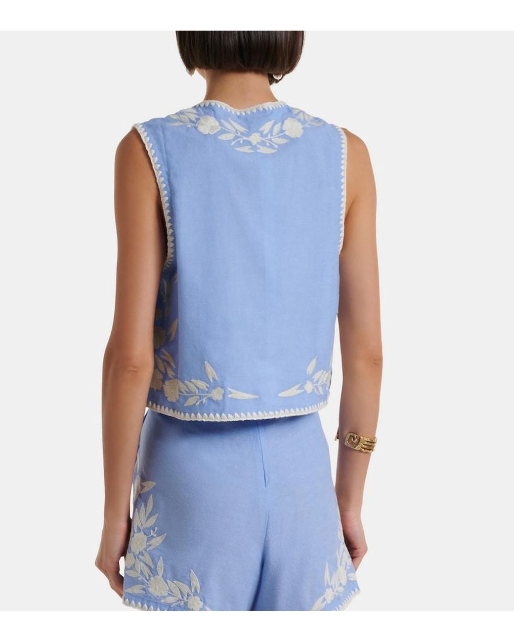 Juliet Dunn Blue Embroidered Cotton Chambray Vest