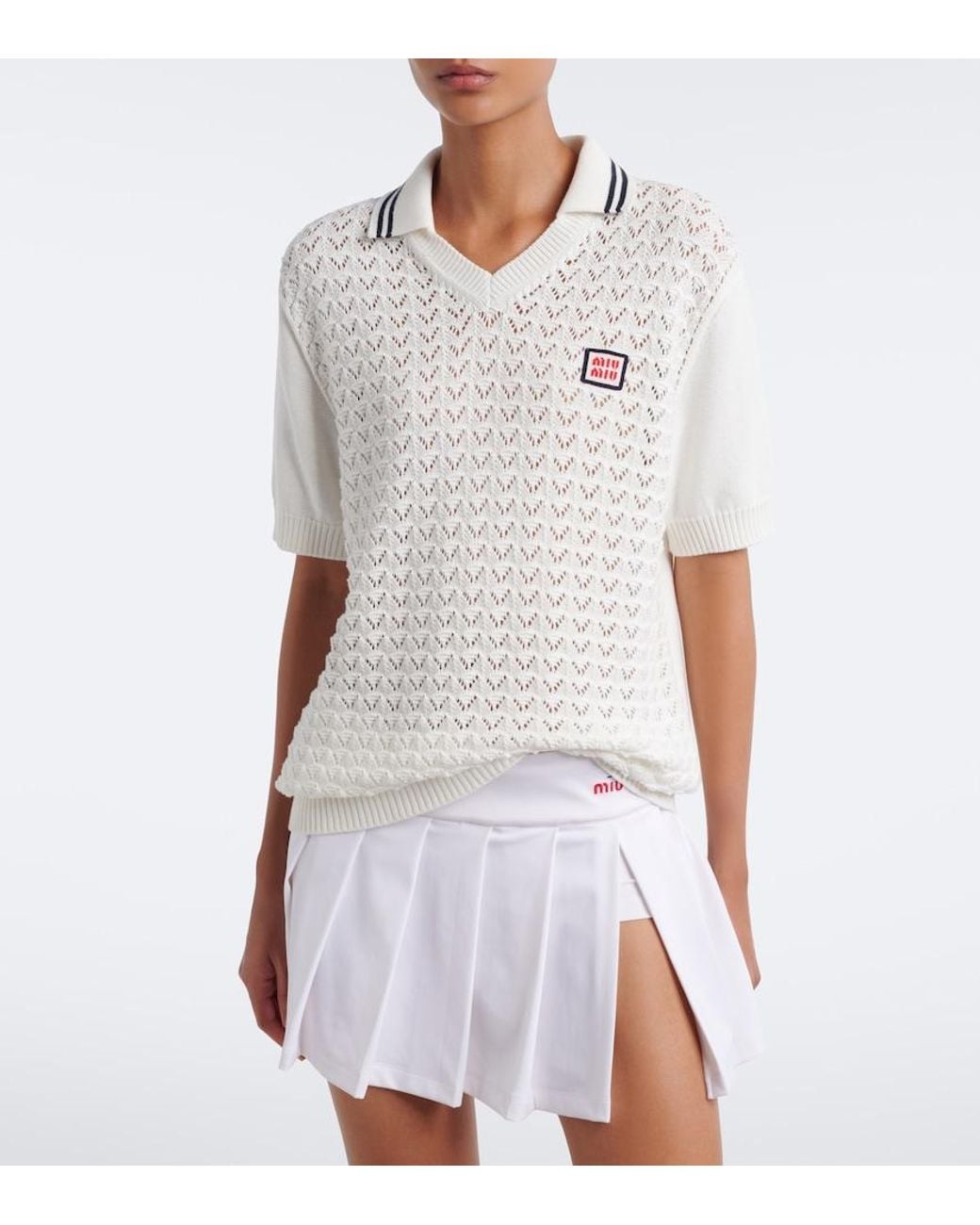 Miu Miu White Open-Knit Cotton Polo Shirt