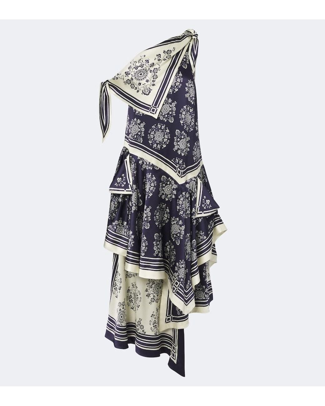 ALÉMAIS Blue Banderra Asymmetric Floral Silk Midi Dress