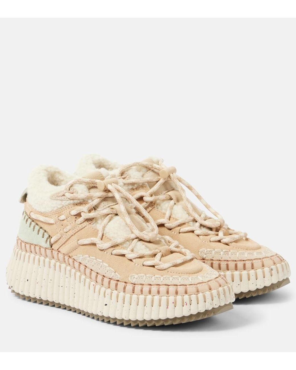 Chloé Natural Nama Shearling-Lined Suede Sneakers