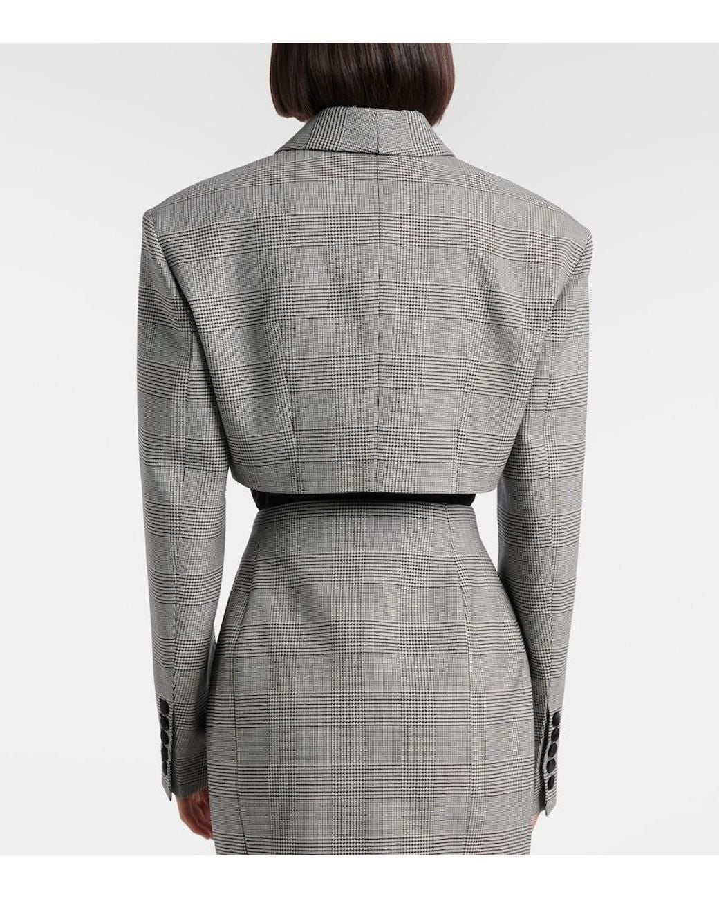 Balmain Gray Houndstooth Cropped Wool-Blend Blazer