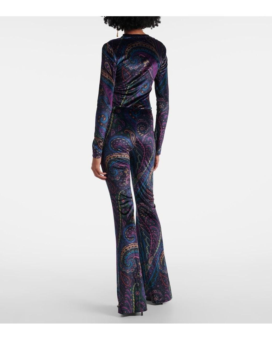 Etro Blue Printed High-Rise Velvet Flared Pants