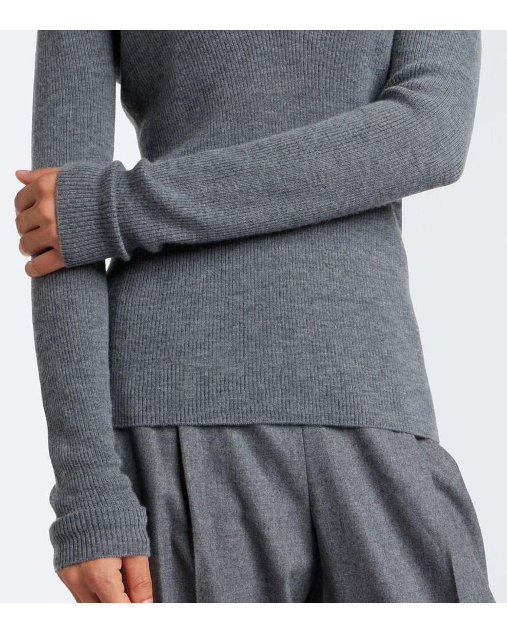 Max Mara Gray Ribbed-Knit Cashmere Polo Sweater