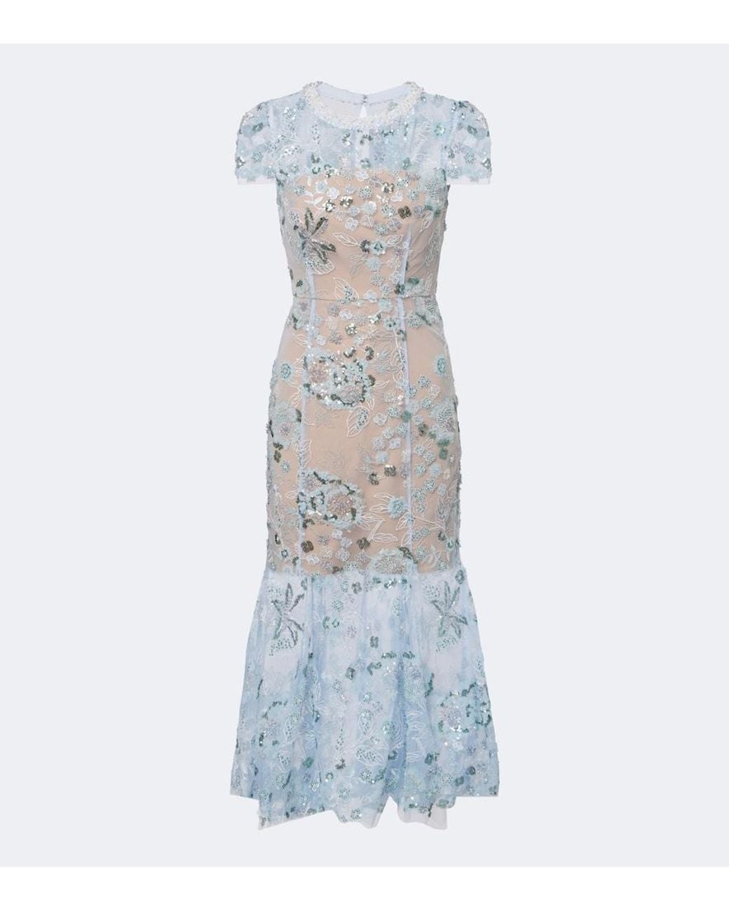 Self-Portrait Blue Floral Sequined Tulle Midi Dress