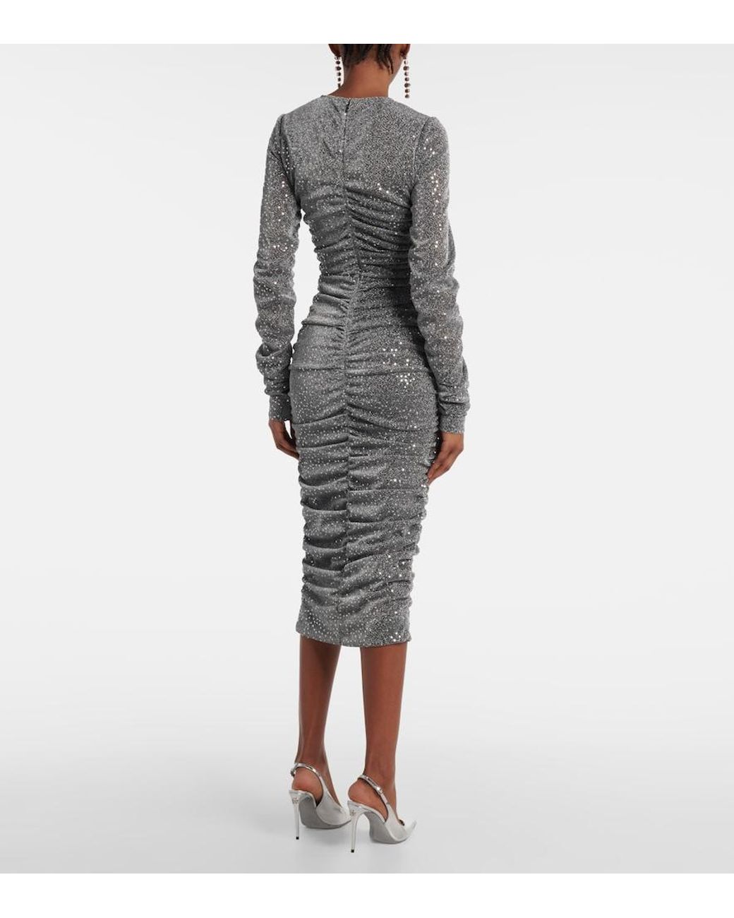 Dolce & Gabbana Gray Sequined Ruched Midi Dress