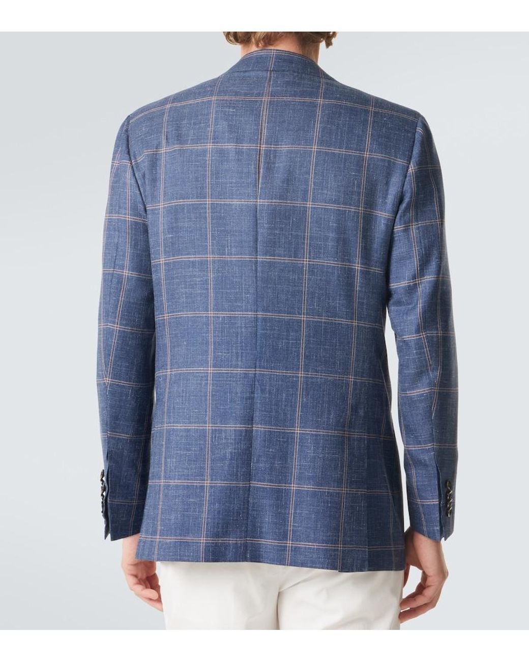 Kiton Blue Checked Cashmere, Wool, Silk, And Linen Blazer for men