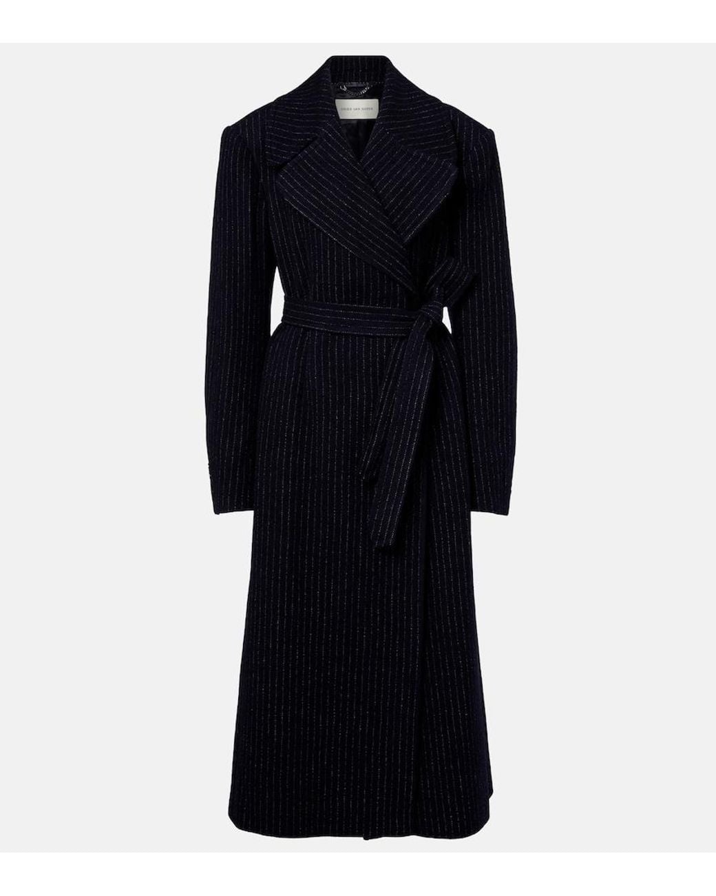 Dries Van Noten Black Belted Pinstriped Wool Coat