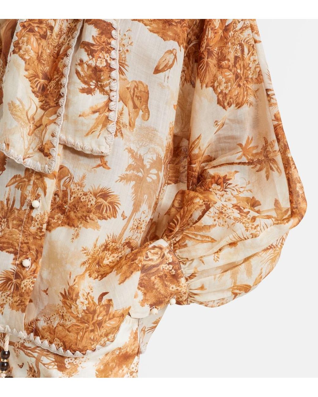 Zimmermann Brown Indra Printed Tie-Neck Ramie Blouse