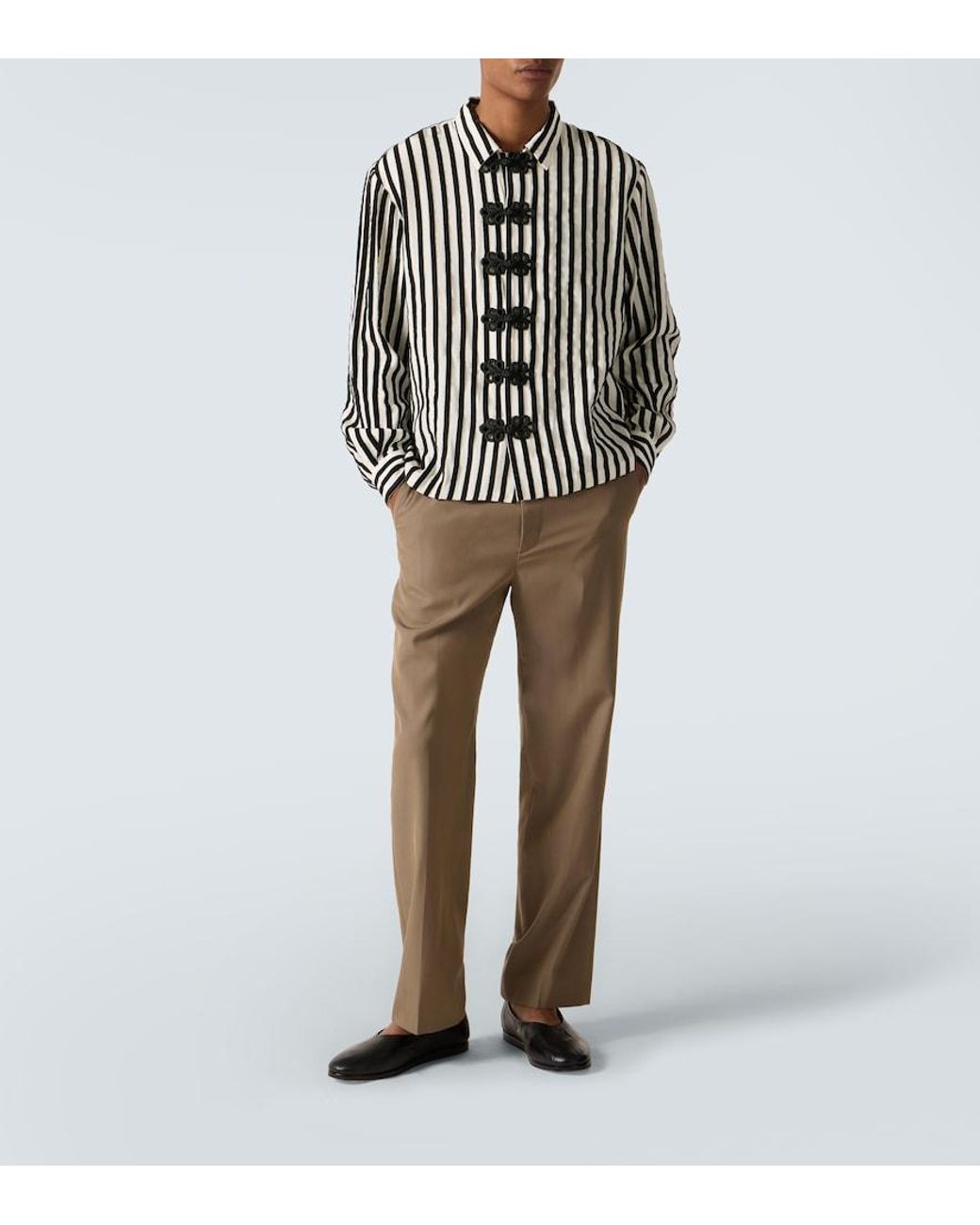 Bode Black Striped Velvet-Trimmed Silk Shirt for men
