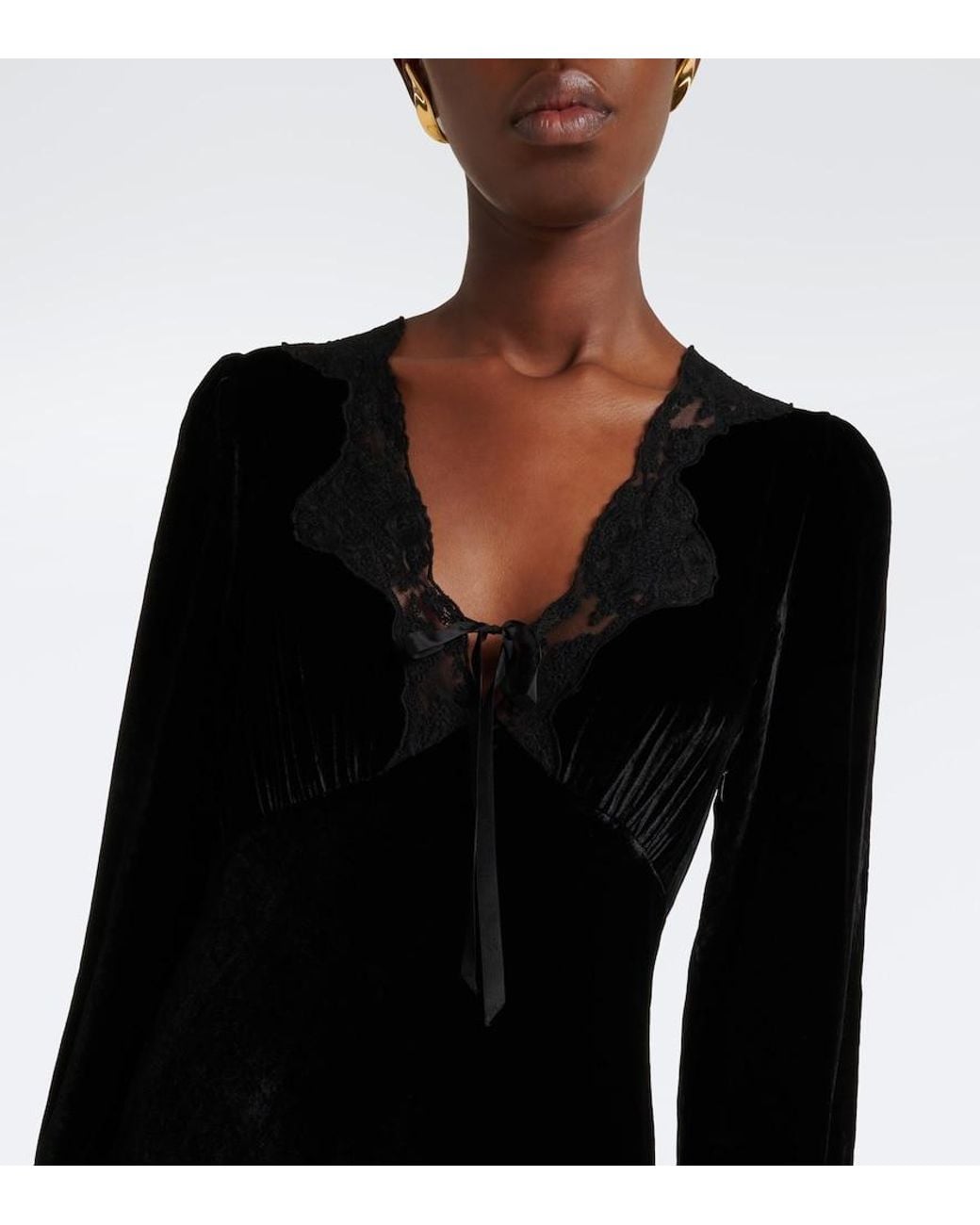 Rixo Black Larah Lace-Trimmed Velvet Midi Dress