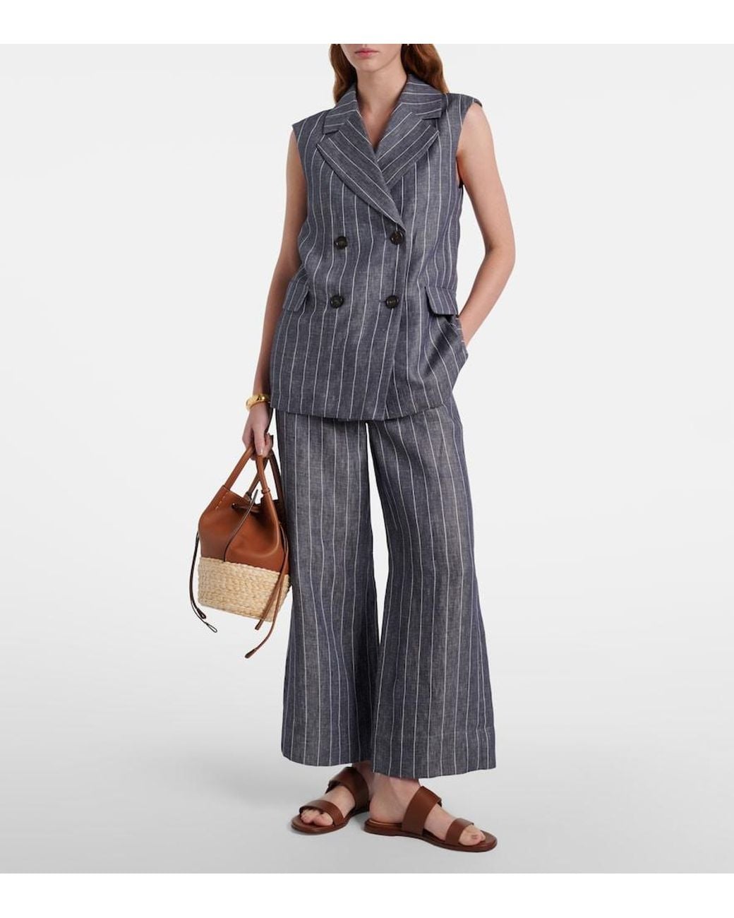 Max Mara Blue Ballo Pinstripe Double-Breasted Linen Vest