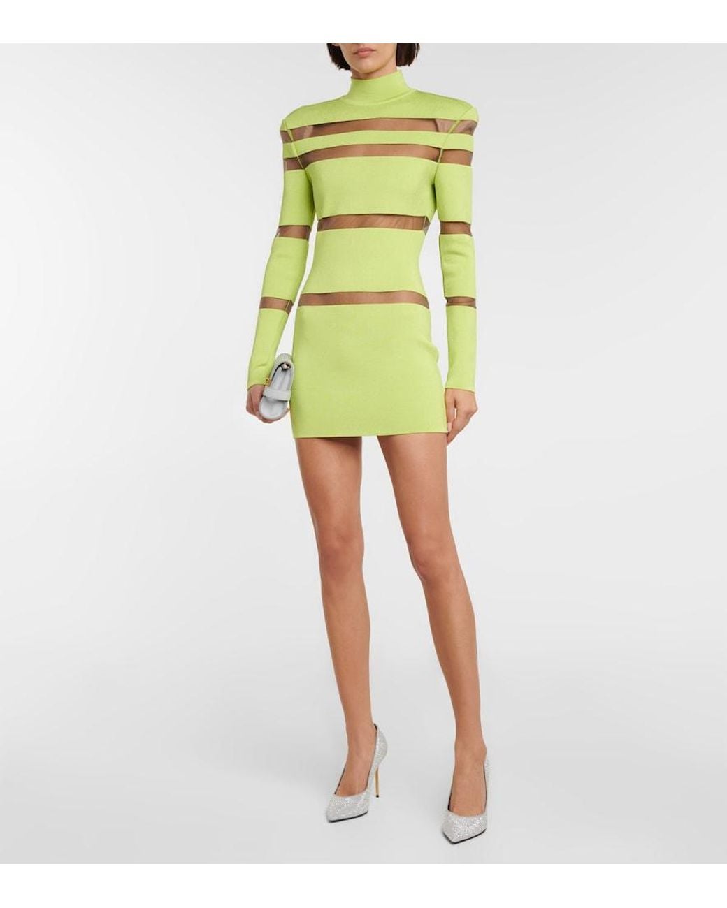 Balmain Green Turtleneck Mesh-Paneled Minidress