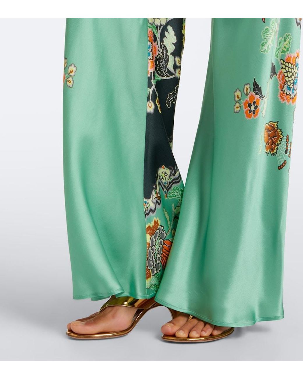Roberto Cavalli Green Floral Silk Satin Flared Pants