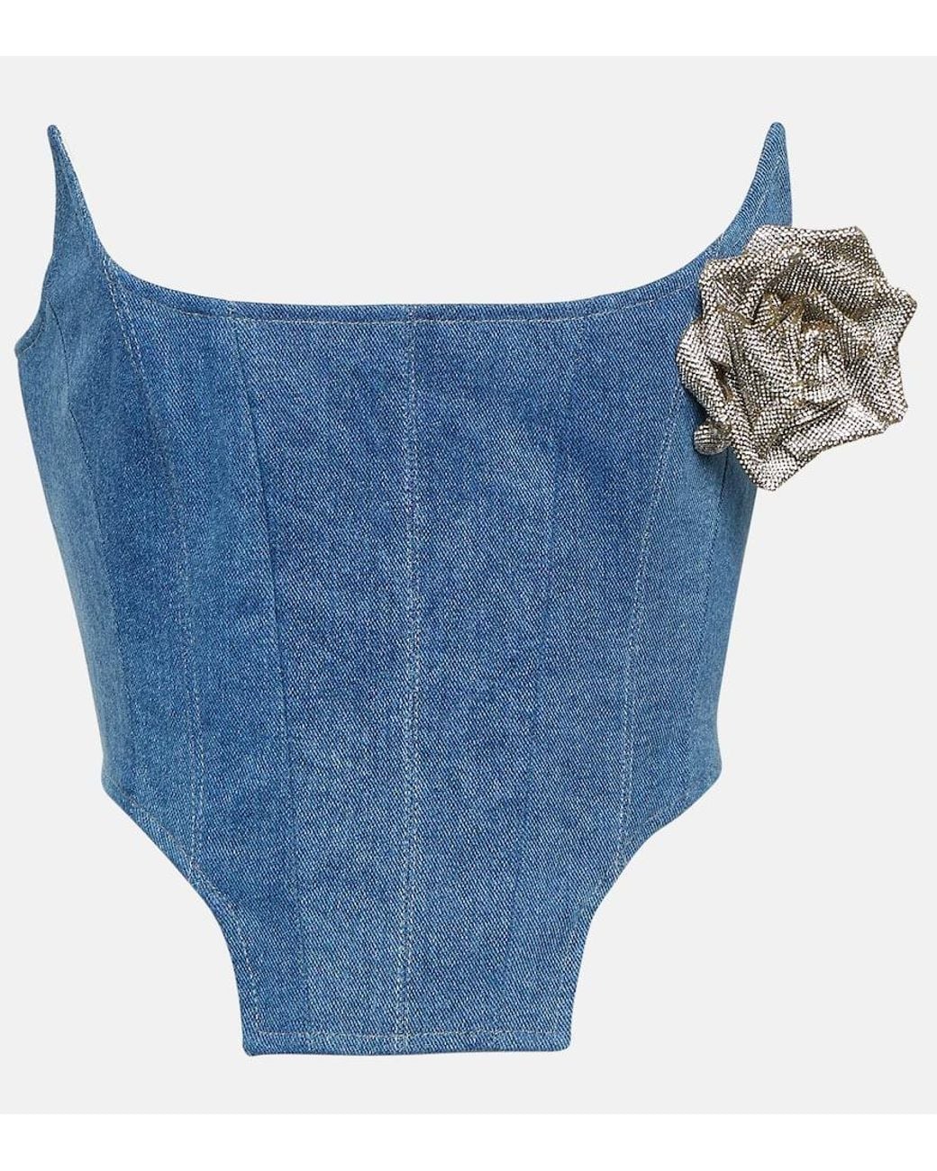 GIUSEPPE DI MORABITO Blue Floral-Applique Denim Bustier